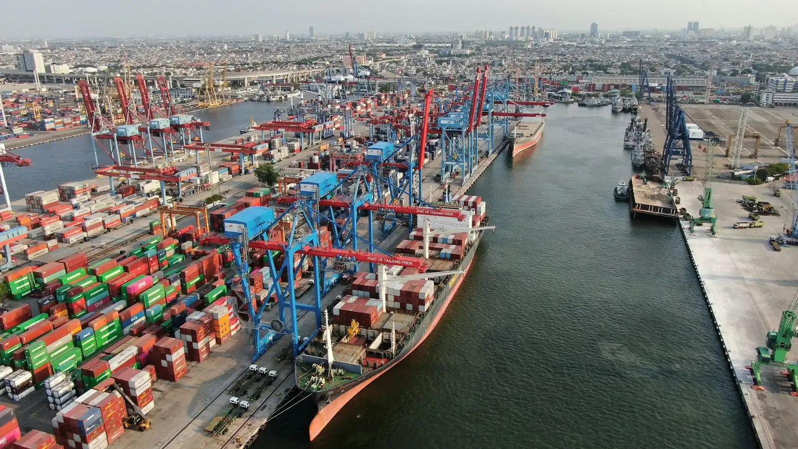 Container port with cranes and ships